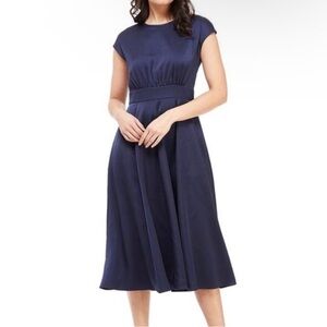Gal Meets Glams Julia Satin Navy Midi Cap Sleeve Dress